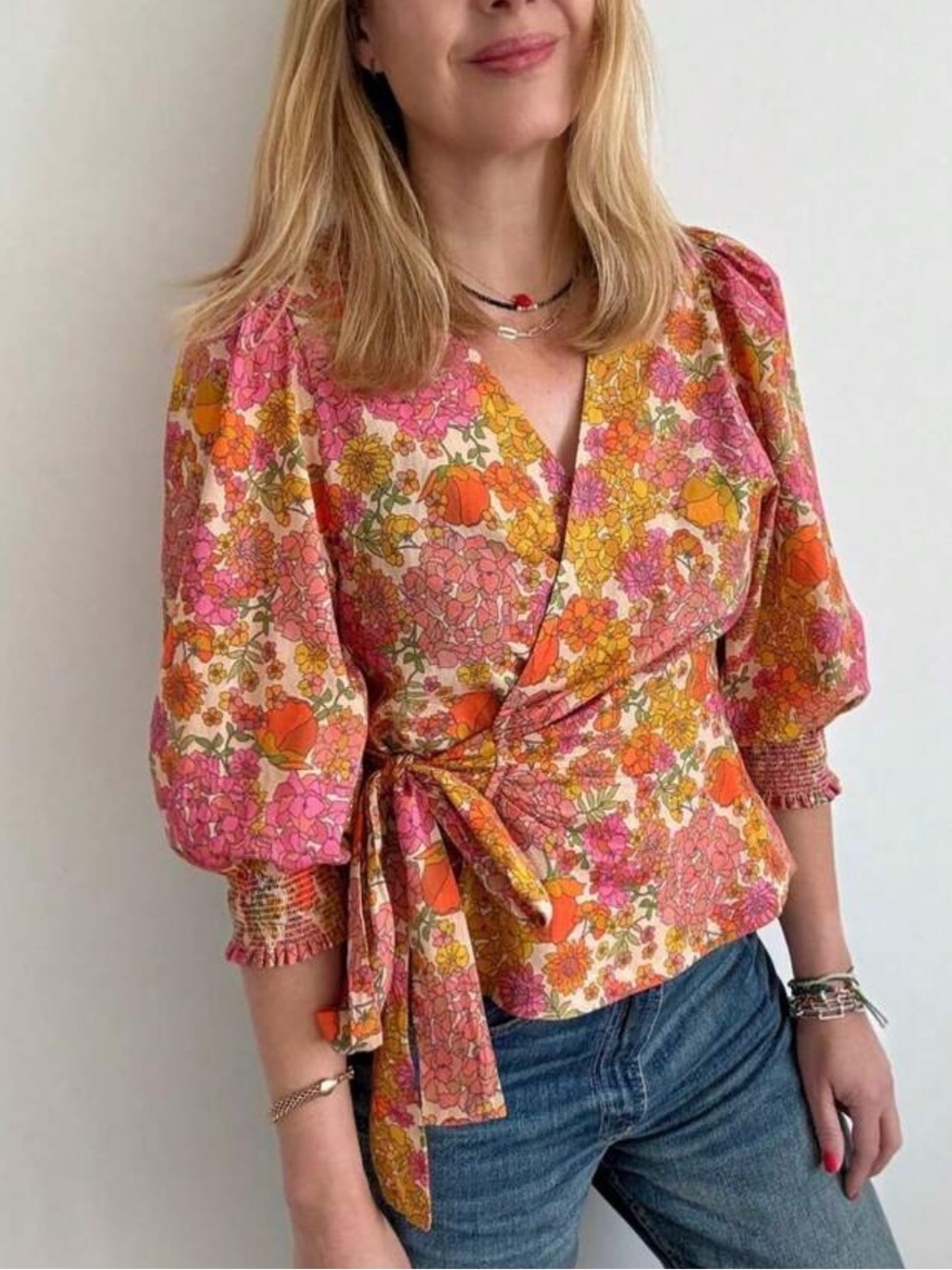 Boho Floral Wrap Tie Top Blouse Shirt Pink Orange